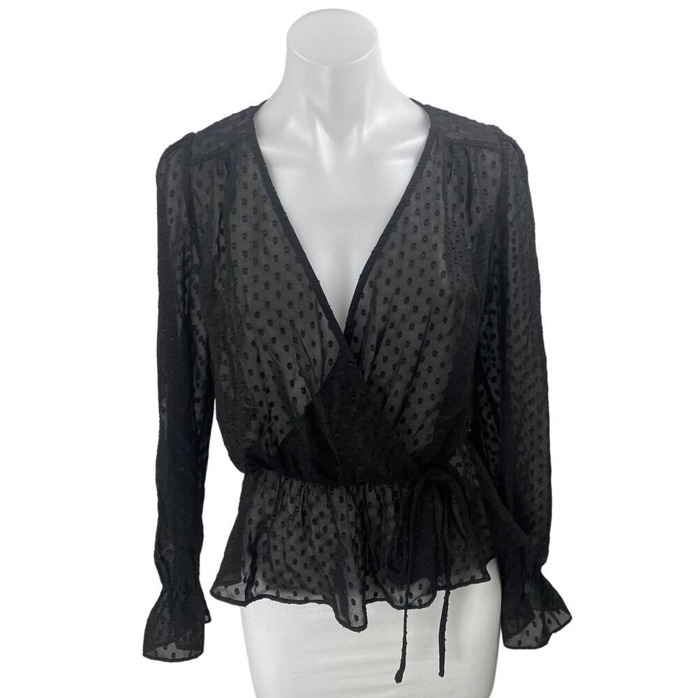 Aqua Black Long Sleeve Mesh Sheer Polka Dots Peplum Wrap Blouse Top Size S
